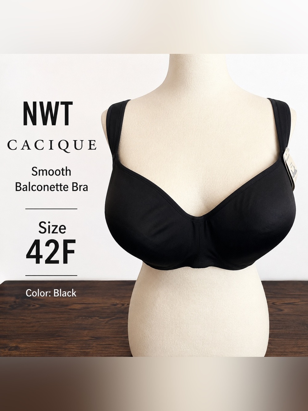 NWT Cacique Smooth Balconette Bra 42F Black Plus Size Underwire